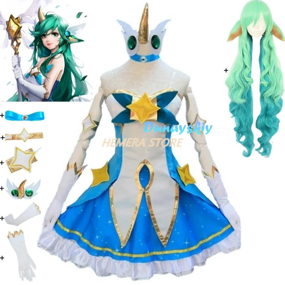 ชุดกีฬา LOL Star Guardian of Soraka ชุดคอสเพลย์ผู้หญิงสตาร์เด็กวิกผมมีหูฮอร์นอะนิเมะโลลิต้าชุดฮาโลลิต้าเซ็กซี่สำหรับผู้หญิงสีเขียวสำหรับวันฮาโลวีน