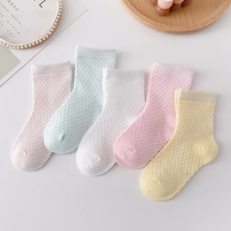 5 Pairs/Lot Children's Mesh Socks Thin Girls' Solid Color Mid Length Casual Socks Breathable 1-8 Years