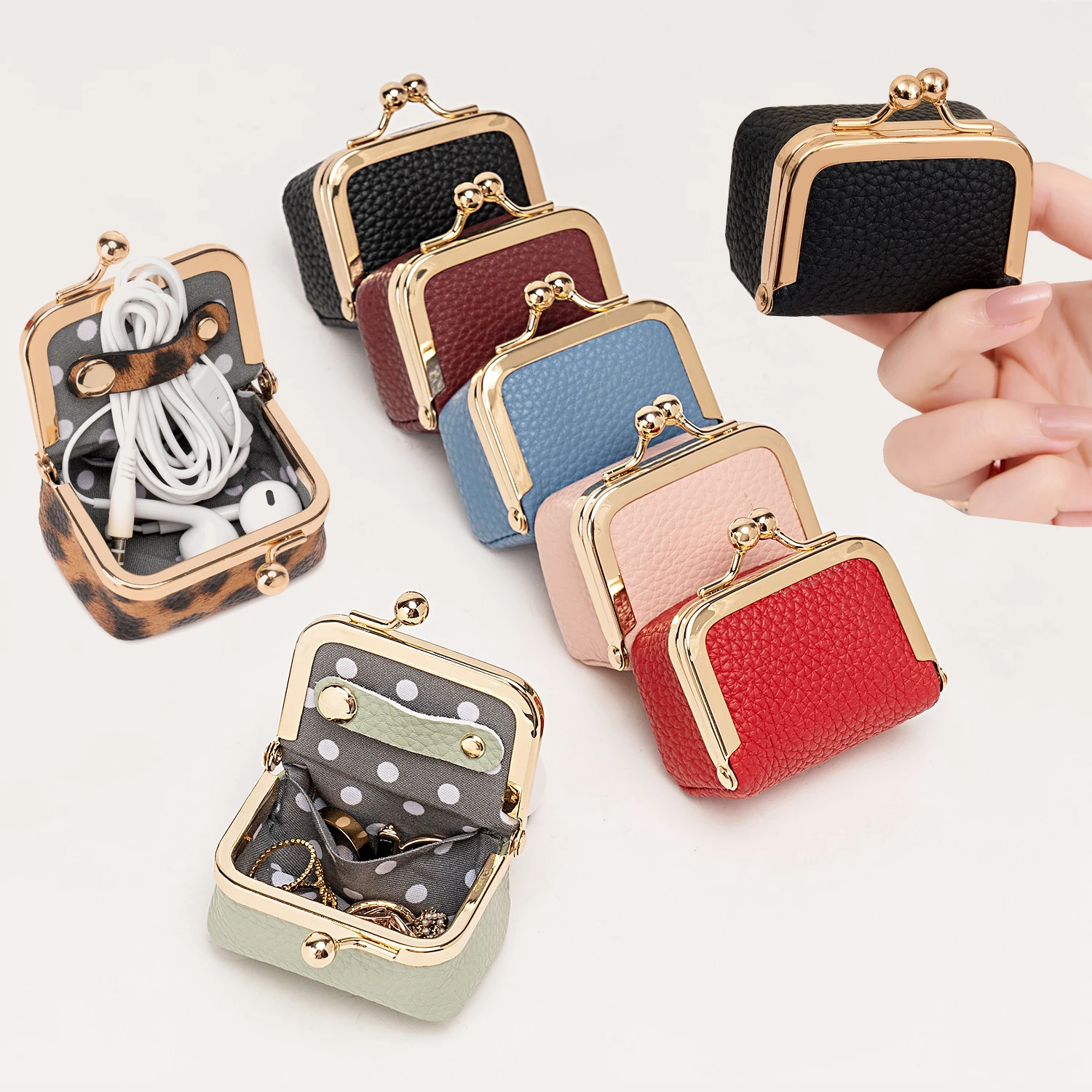 New Women's Solid Color Imitation PU Leather Jewelry Box, Ring, Necklace, Earring Storage Box, Mini Coin Wallet with Kiss Lock