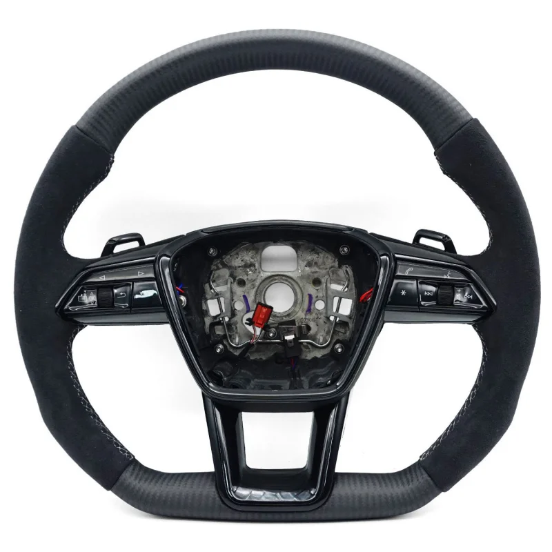 For Audi A6C8 S model, matte carbon fiber with semi-suede gray stitching, with buttons, paddle shifters, and heated  steering