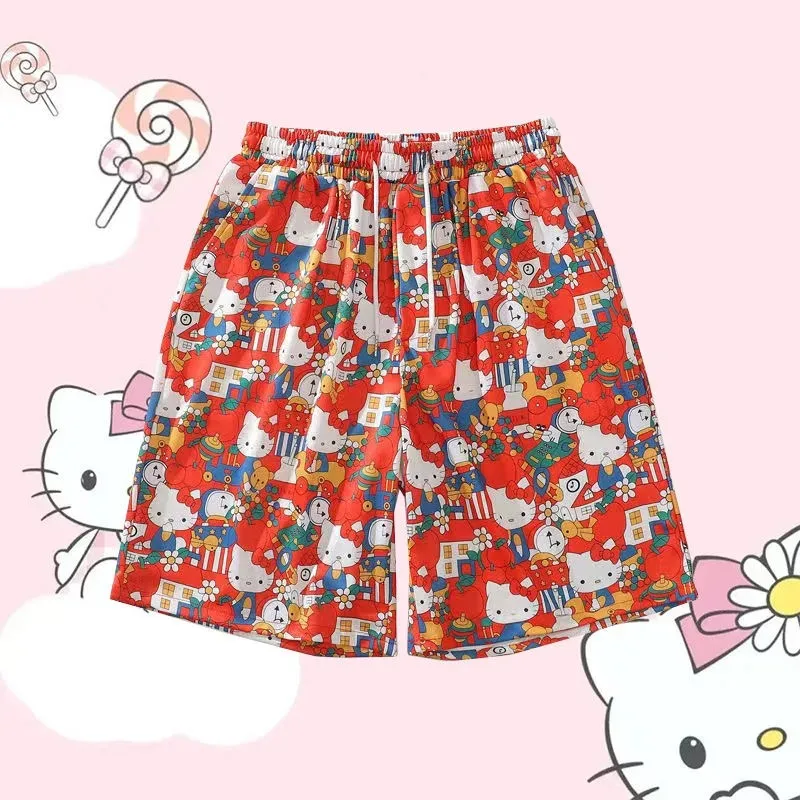 Miniso Sanrio verano mujeres dibujos animados transpirable de secado rápido Hello Kitty leopardo 3D impreso pantalones cortos Y2K moda Casual pantalones deportivos
