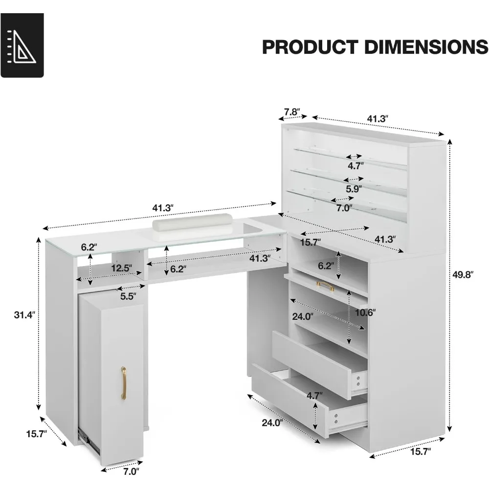 Manicure Table with LED Light, L-Shaped Glass Top Nail Tech Table w/2 Storage Shelves, Upwards Cabinet Door