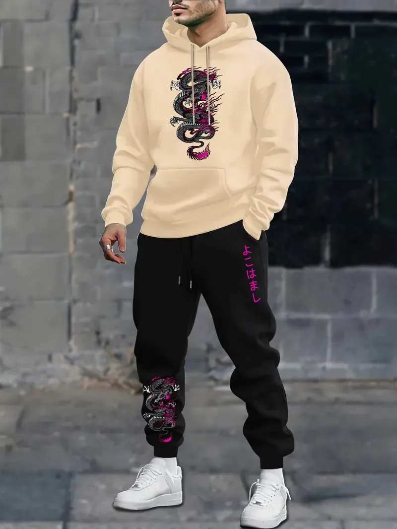 

The 2025 autumn new 3D dragon print comfortable fashionable and casual men's outdoor sports sweatshirt and sweatpants set