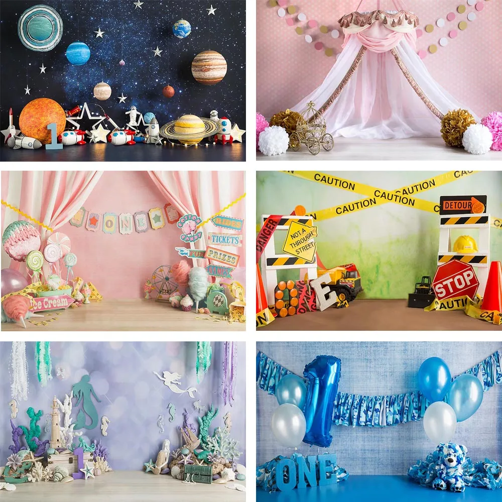 Avezano-공주 생일 초상화 사진 배경, 핑크 벽 풍선 케이크 스매시 인어 롤리팝 우주 비행사 장식 배경