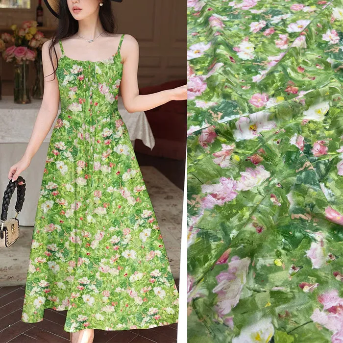 Green And Pink Delicate Floral Print Silk Stretch Crepe De Chine Fabric Mulberry Silk Material For Dresses Blouse