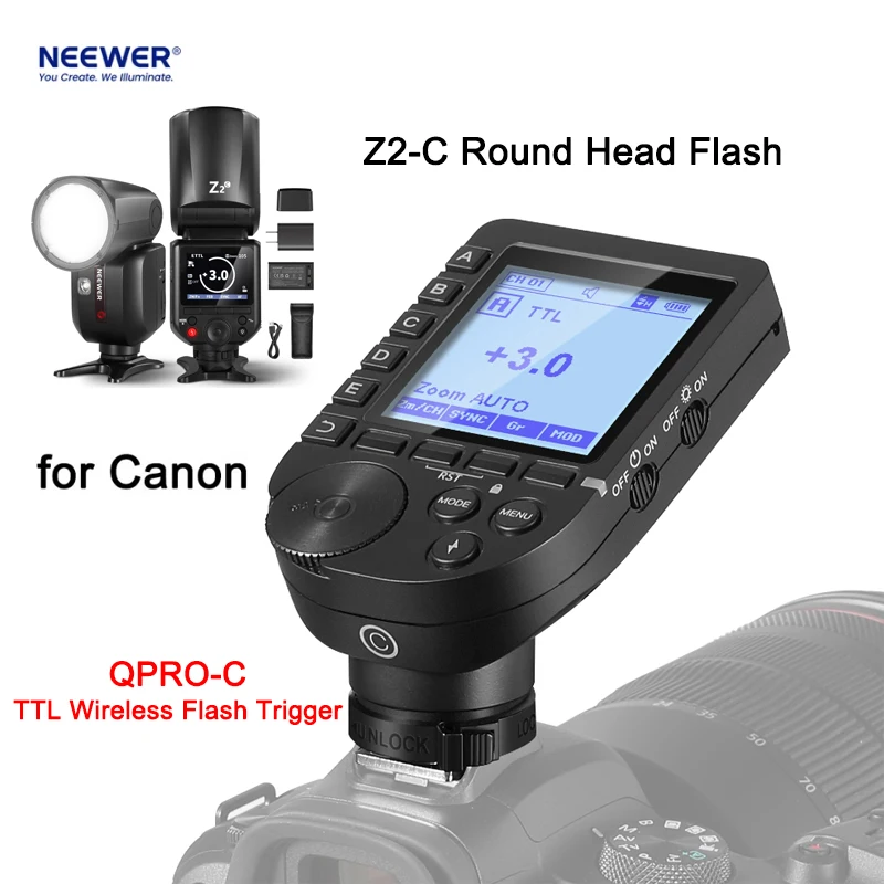 NEEWER Z2 2.4G TTL Round Head Flash Speedlite Adjustable Lamp QPRO-C TTL Wireless Flash Trigger with Large Screen for Canon