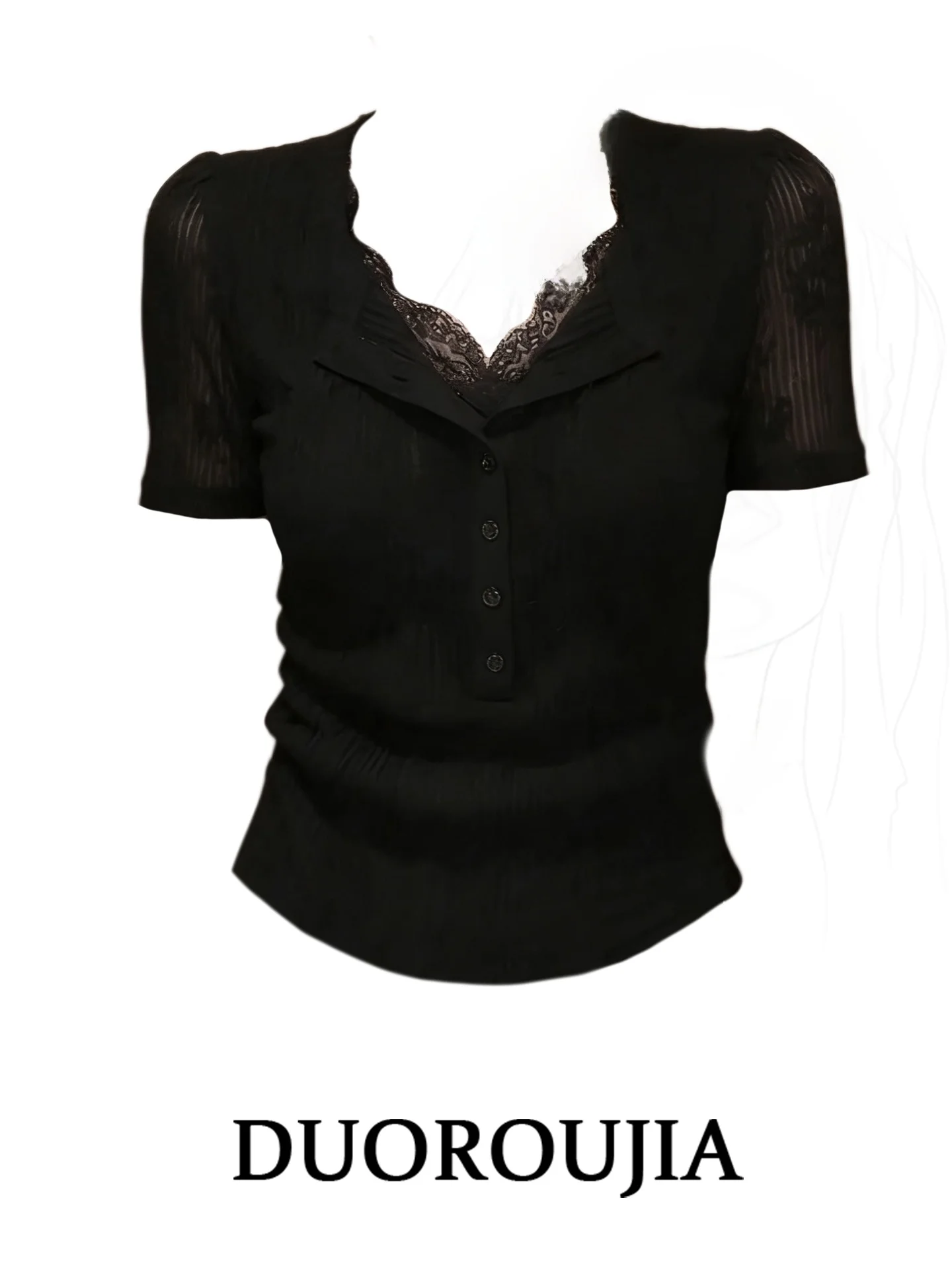 

plus Size Women's T-Shirt Short Sleeve Lace Splice Slim Fit V-Neck Summer High Waist Korean Style Anti-Pilling Daily Wear