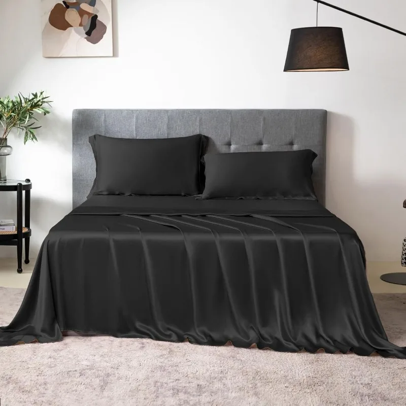 Silk Sheet Set (1 Flat Sheet, 1 Fitted Sheet, 2 Pillowcases) King, Black