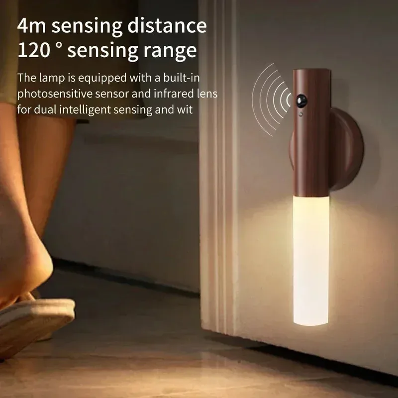 Luz noturna com sensor de movimento, luz noturna recarregável, luz de parede magnética, luz de parede de madeira para quarto, escadas