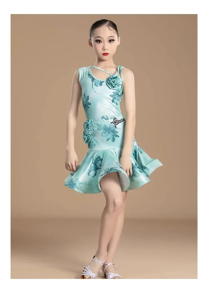 New Children's Girls' Light Green Three Dimensional Flower Latin Dance Dress Performance Split Body Practice Competition Dress