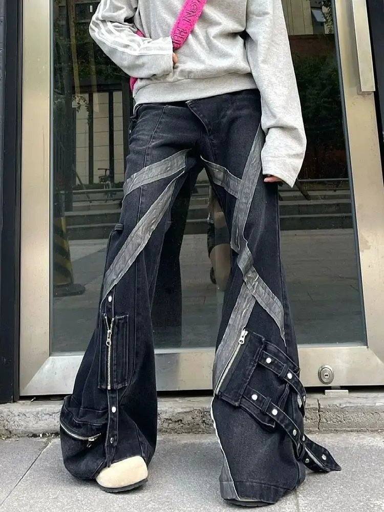 

American women street retro zipper splicing micro flared jeans Y2k slimming multi pocket design straight leg pants