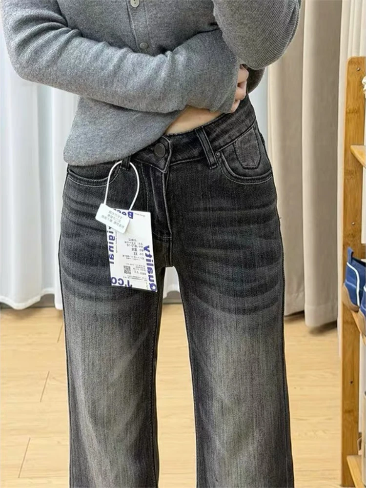 Trendy Black-grey Women Flare Jeans Autumn High-waist Washed Trousers Stylish Figure-flattering Horseshoe Bootcut Denim Pants