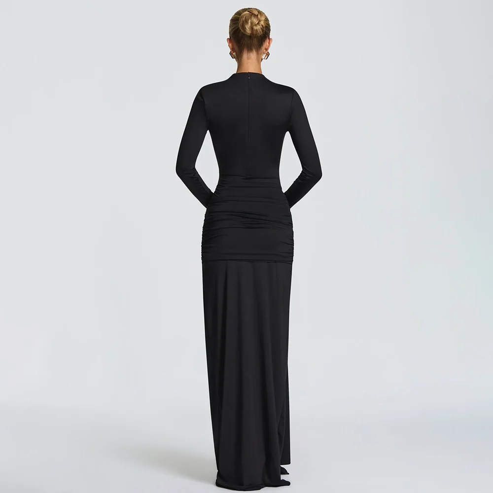 TWOTWINSTYLE الصلبة تقسم ضمادة فستان ماكسي للنساء س الرقبة طويلة الأكمام المرقعة قطع Bodycon فساتين سهرة مثيرة الإناث