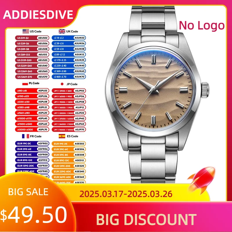 ADDIESDIVE Hot Sale AD2030 Without LOGO Watch Stainless Steel 100M Waterproof Quartz Watches 3D Sand Dial Men's Wristwatch Dress