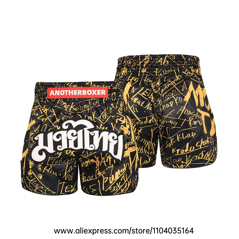 Men Muay Thai Fight Shorts Black Gold Graffiti Print Kickboxing Shorts Women Youth Martial Arts Shorts for Training Competition