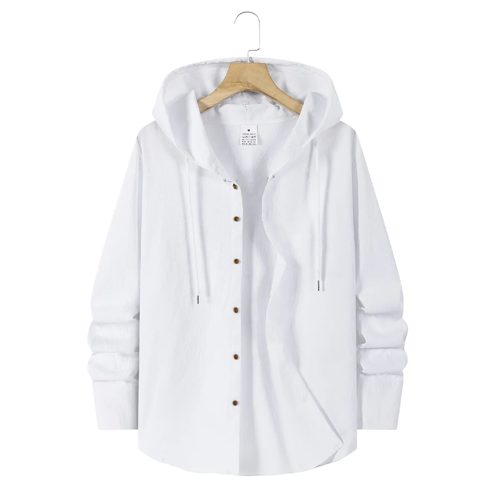 Summer Men's Hooded Shirt Solid Color Long Sleeve Hoodie Clothing Men Button Tops Casual Loose Lightweight Hawaiian Shirt