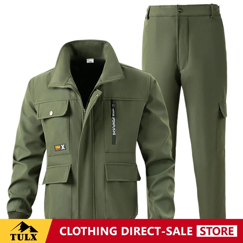 Thicken Camouflage Suit Set Fleece Men Protection Winter Workwear Construction Site Wear-resistant Dirt Resistant Labor Clothing