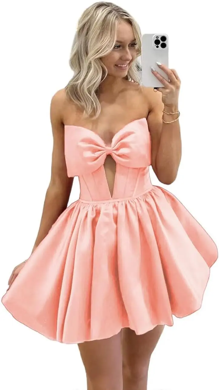 

Подростковое облегающее корсетное платье обратно в школу с бантом, трапециевидное мини-платье трапециевидной формы без бретелек для коктейльной вечеринки, официальное танцевальное атласное платье 2025