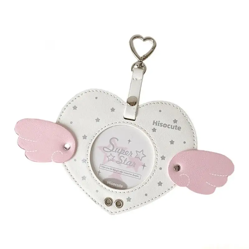 Angel Wing Heart Card Sleeve PU Leather Photocard Protector with Metal Clip For Girls Keychain Bag Accessory