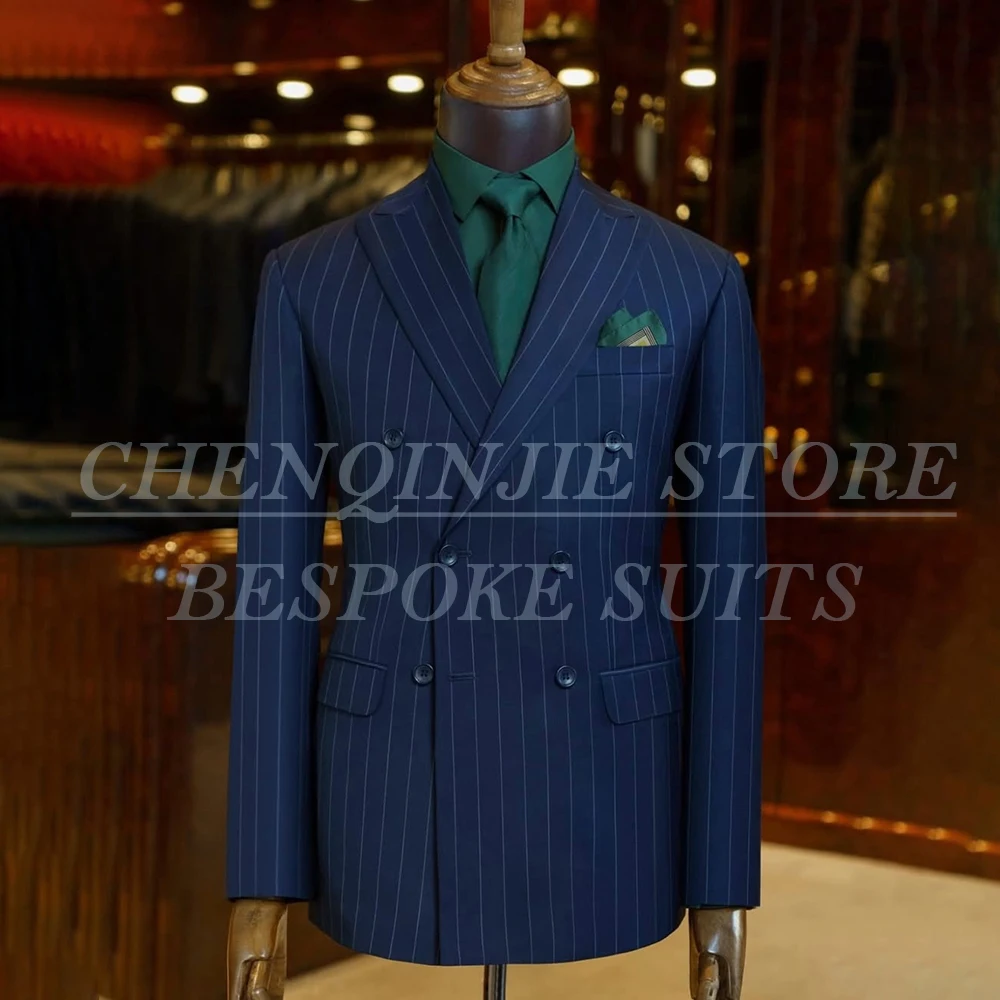 

Формальные мужские костюмы, роскошный приталенный двубортный пиджак в полоску с остроконечными лацканами, высокое качество, комплект из двух предметов, куртка, брюки, наряды