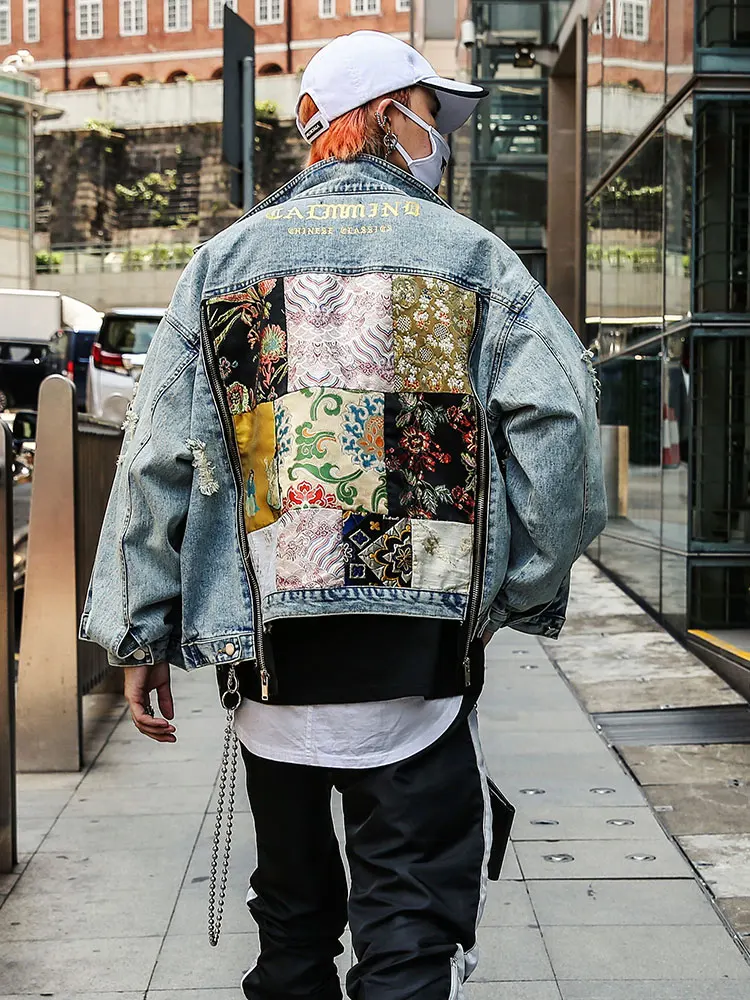 Chaqueta vaquera de retazos con cremallera para hombre, ropa de pareja, abrigo de primavera y otoño, chaqueta de moda