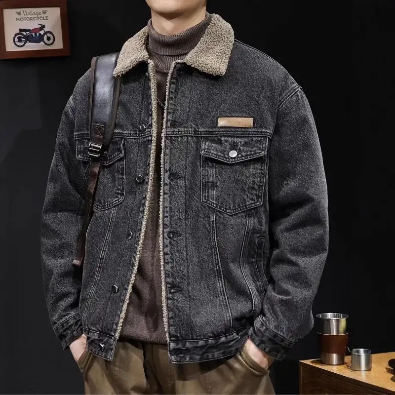 

2025 Thickened Fleece-Lined Denim Jacket Men's Loose Fit Warm Work Clothes Trendy Korean Style Versatile Plus Size Casual Wear