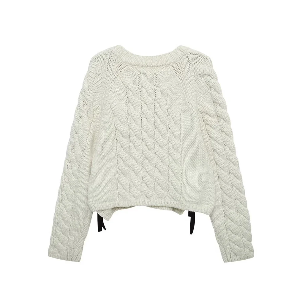Maglione a maniche lunghe pullover girocollo lavorato a maglia con decorazione a cintura in pasta fritta solida nuovo stile semplice da donna