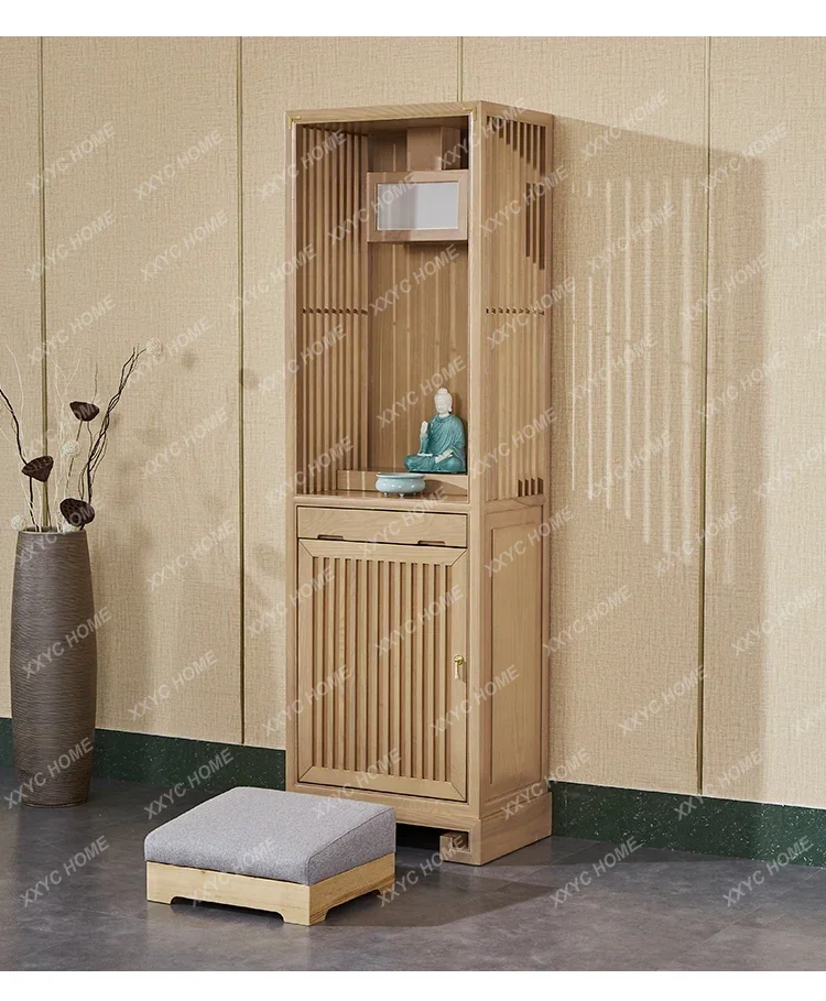 

DV Solid wood shrine New Chinese vertical cabinet Modern light luxury God of Wealth cabinet with door Log color shrine