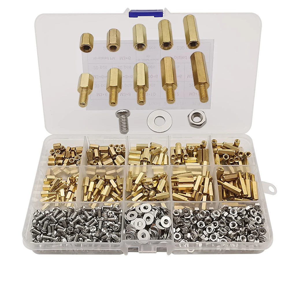 910Pcs/Box M3 Hex Brass Male Female Standoff Thread Pillar Screw Nut and Washer PCB Motherboard Standoff Spacer Assortment Kit