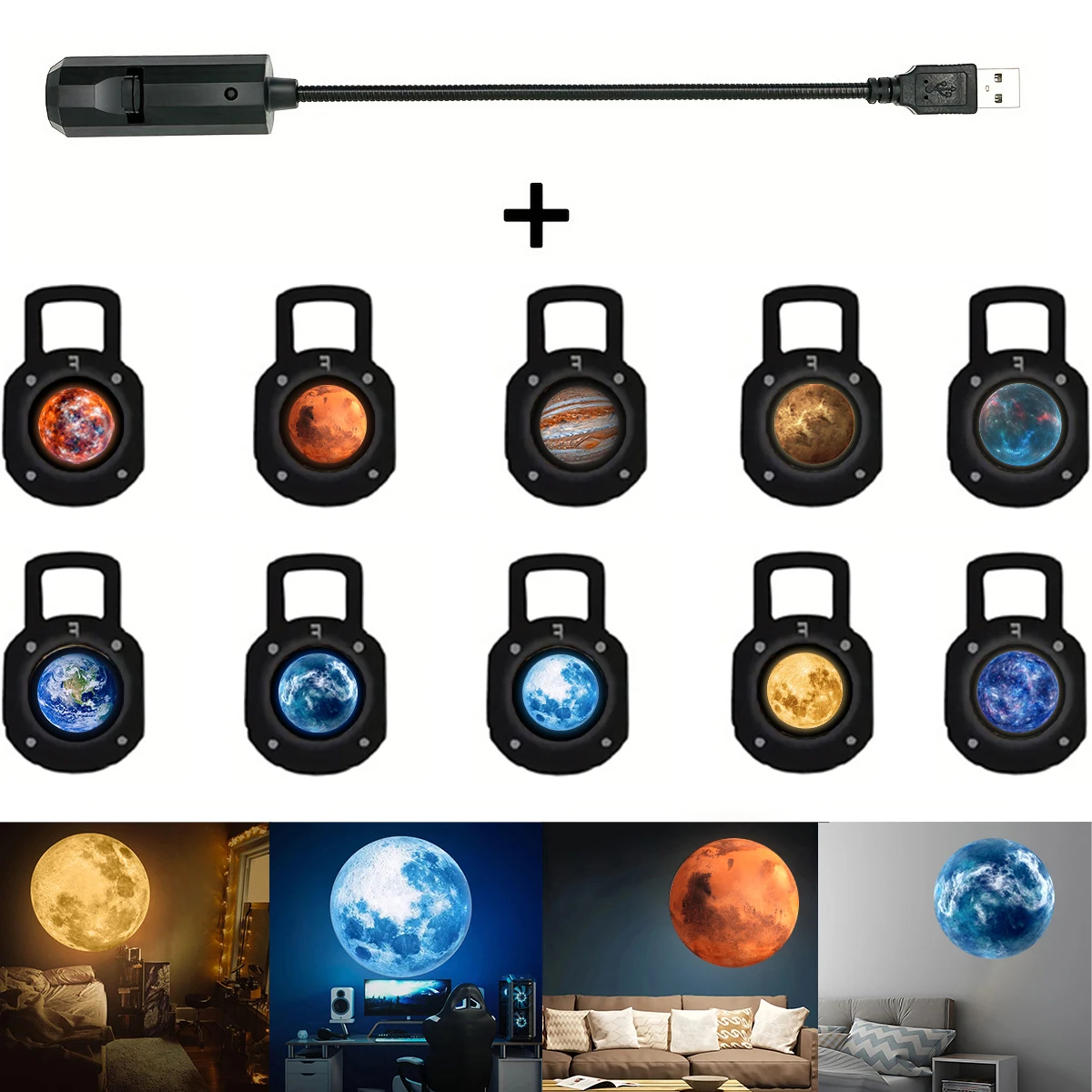 Luz do projetor de planeta USB, 10 projetões de planeta, luz de decoração de fundo de foto, luz noturna da sala da atmosfera do planeta