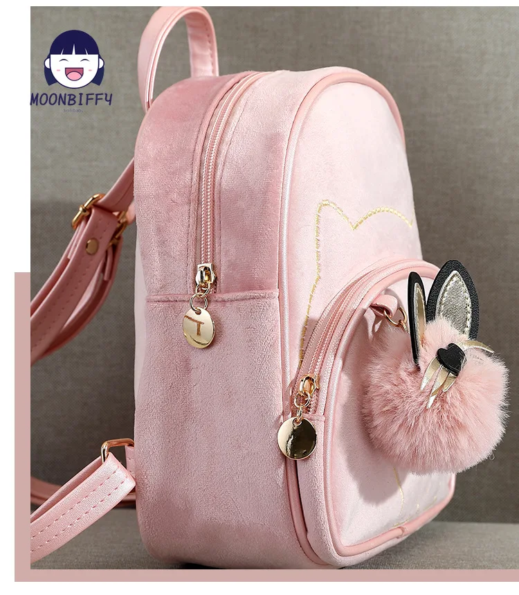 Solid Velvet Short Plush Backpack Cute Plush Ball Kid Toddler Mini Rabbit Bag Baby Cartoon Bowknot Shoulder Bag Schoolbag