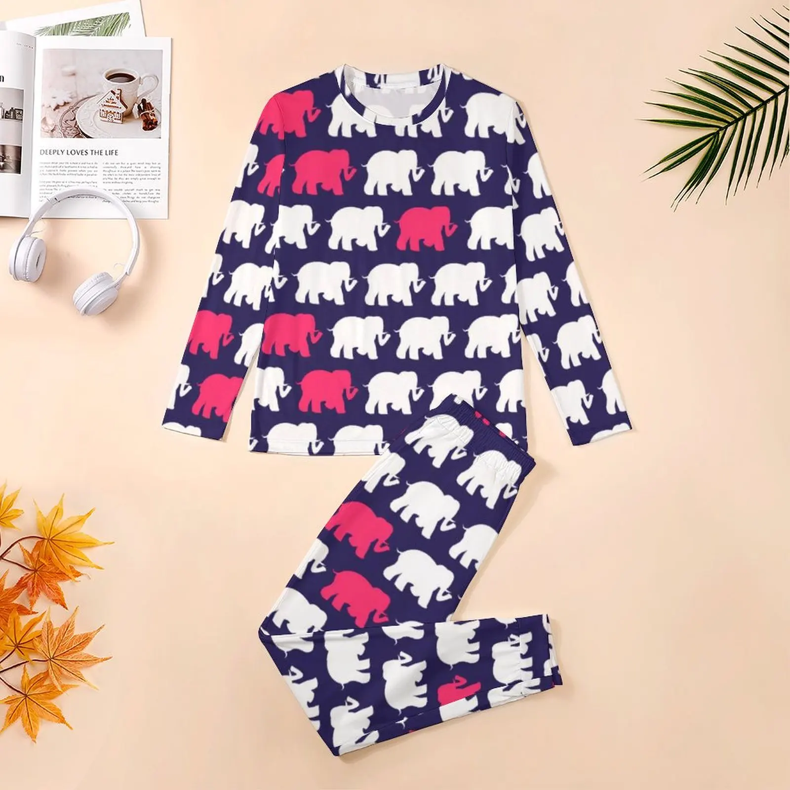 Elephant Art Pajamas Mens Blue and Pink Elephants Design Cool Sleepwear Winter Long-Sleeve 2 Pieces Home Pajamas Set 3XL 4XL 5XL