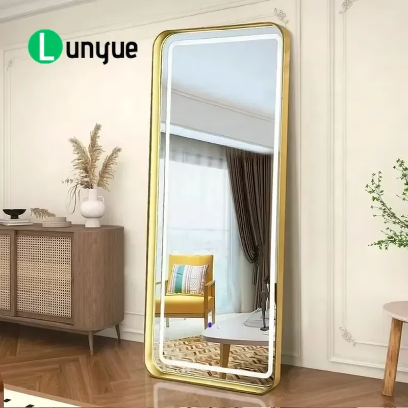 Modern Gold Metal Iron LED Full Length Mirror Floor Standing with 3 Color Light Bluetooth Speaker for Bedroom Dressing Room