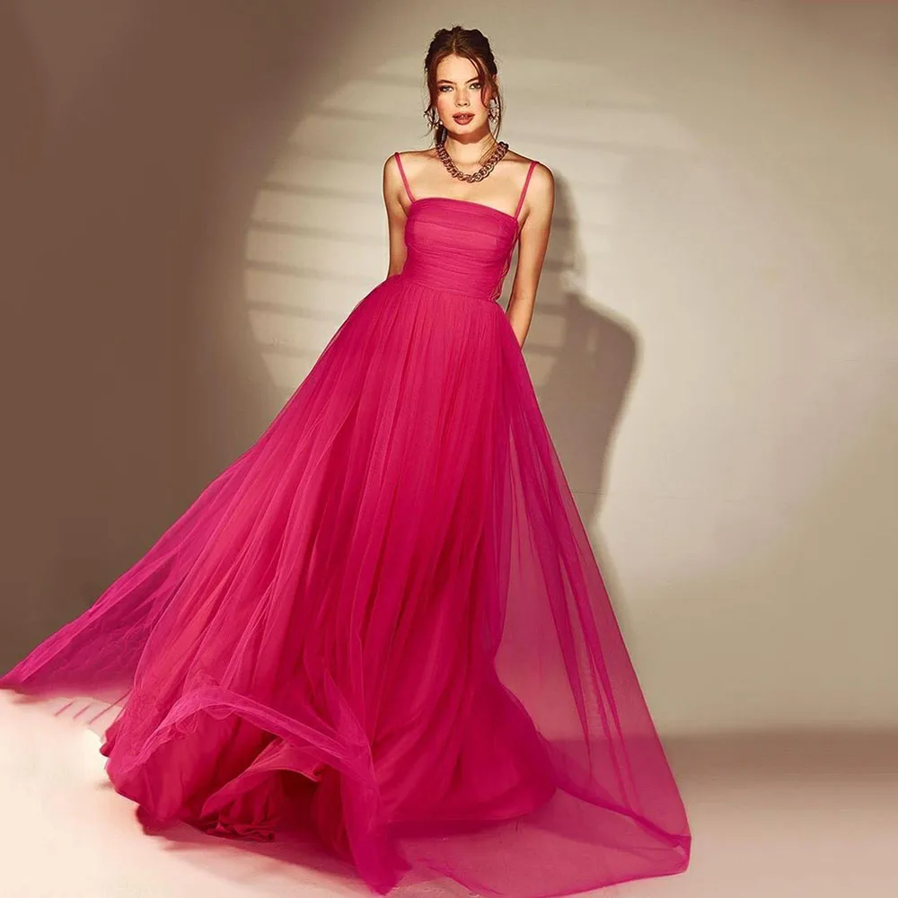 Msikoods Elegant Fuchsia Tulle Evening Dresses Spaghetti Strap Sleeveless Pleat Prom Dress Wedding Party Gowns Customized