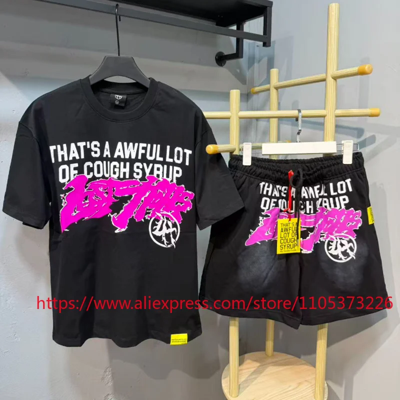 That's A Awful Lot of Cough Syrup Men's Letter and Pink Graffiti Print T-Shirt and Shorts Set Casual Loose Two Piece Outfit