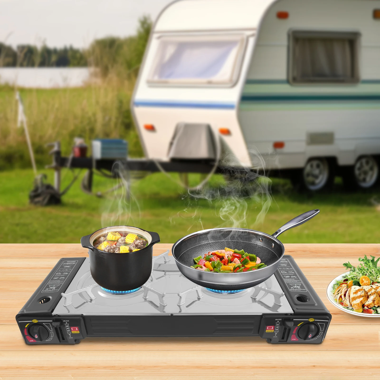 

Black&Silver Portable Camping Stove(17.71In Baking Pan) - Fits Pots≤13.39In Diameter, Includes Connector+English Manual