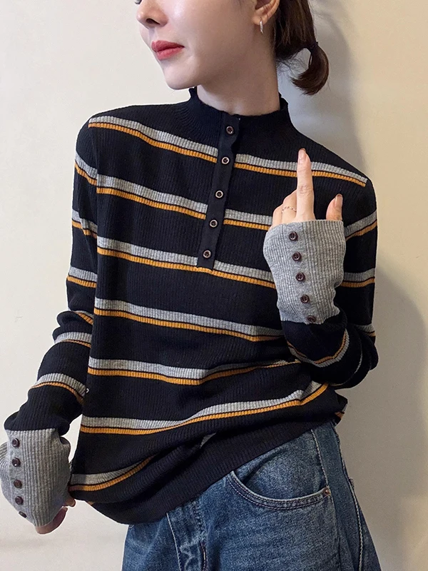 

Полосатый цветной вязаный свитер Blo Long Sve, женский осенне-зимний топ размера плюс, базовый слой, топ с высоким воротником, для поездок на работу