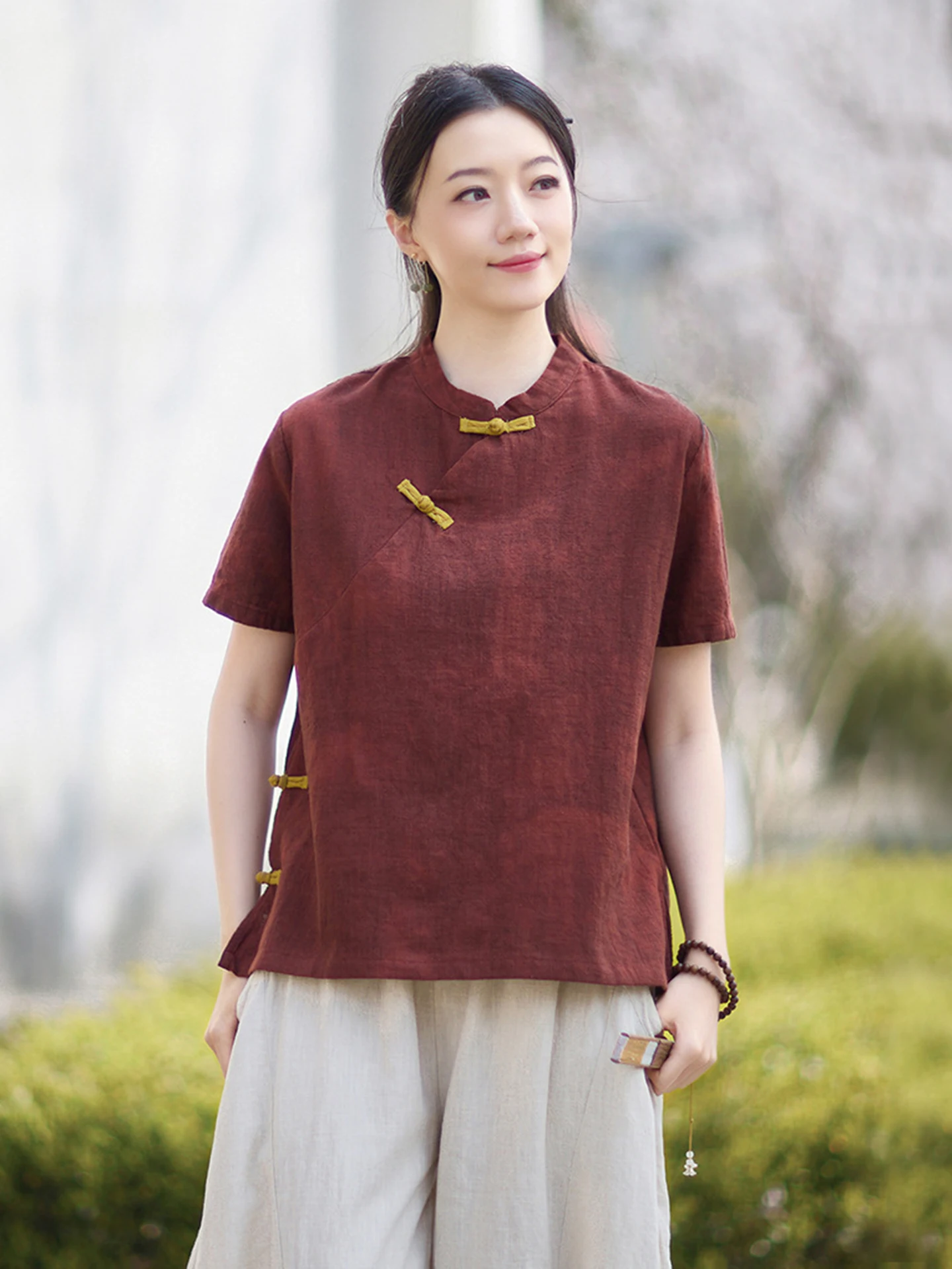 Boho Style Women's T-shirt New Chinese Style Small Shirt New Cotton Linen Material Button Design Short Sleeve Breathable Summ...