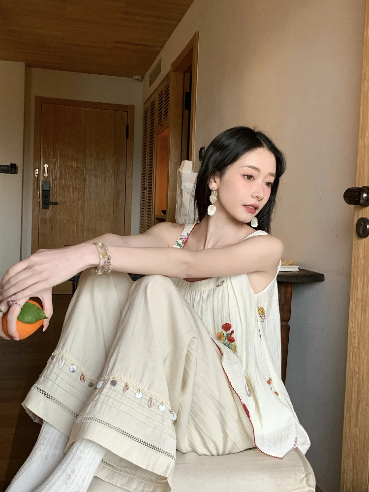 

Летние женские хлопковые льняные брюки с широкими штанинами, свободные, стройнящие, легкие, струящиеся, повседневные, длинные, удобные, модные