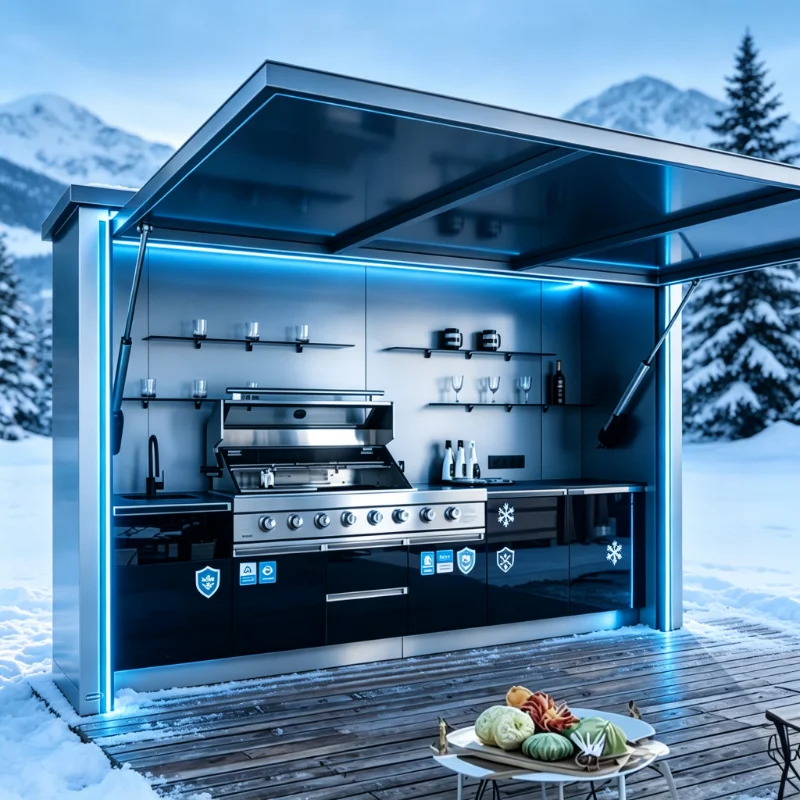 Weather Resistant Portable Aluminum Outdoor Kitchen Eco Friendly BBQ Shed Built In BBQ Pod and Tailgate Grill for Backyard