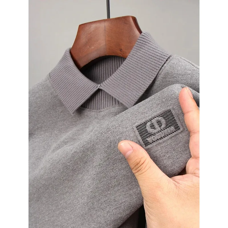 High Quality Luxury Autumn Winter Warm Business Casual Fashion Long Sleeved Hot stamping Business Classic Lapel Dralon T-shirt