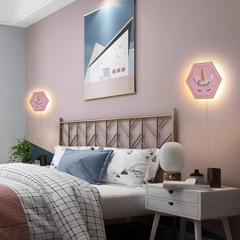 Cartoon Princess Unicorn Wall Lamps with on/off Switch Hexagon Shape Astronaut Wall Light Children's Room Kids Bedroom Bedside