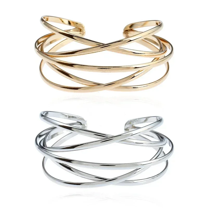 Punk Hollow Alloy Bangles for Women Gold Silver Color Cuff Bracelet Open Adjustable Arm Bracelets 2024 Summer Fashion Jewelry image 2