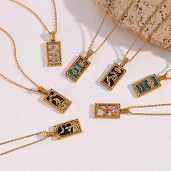 Ins Fashion Retro Hot Selling Jewelry Stainless Steel Rectangular Drop Oil Zircon Tarot Necklace Lady Temperament High Quality