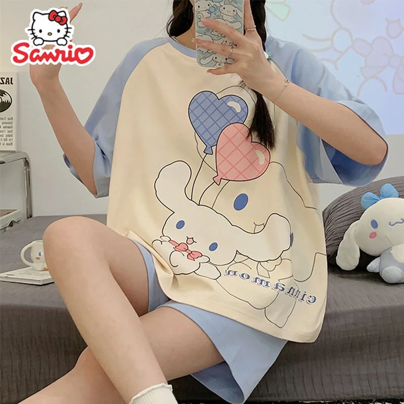 Sanrio Kuromi Pajama Set Women's Kawaii Cute Melody Girls Print Sleepwear Round Neck Short Sleeved Top Loungewear Homewear Gift