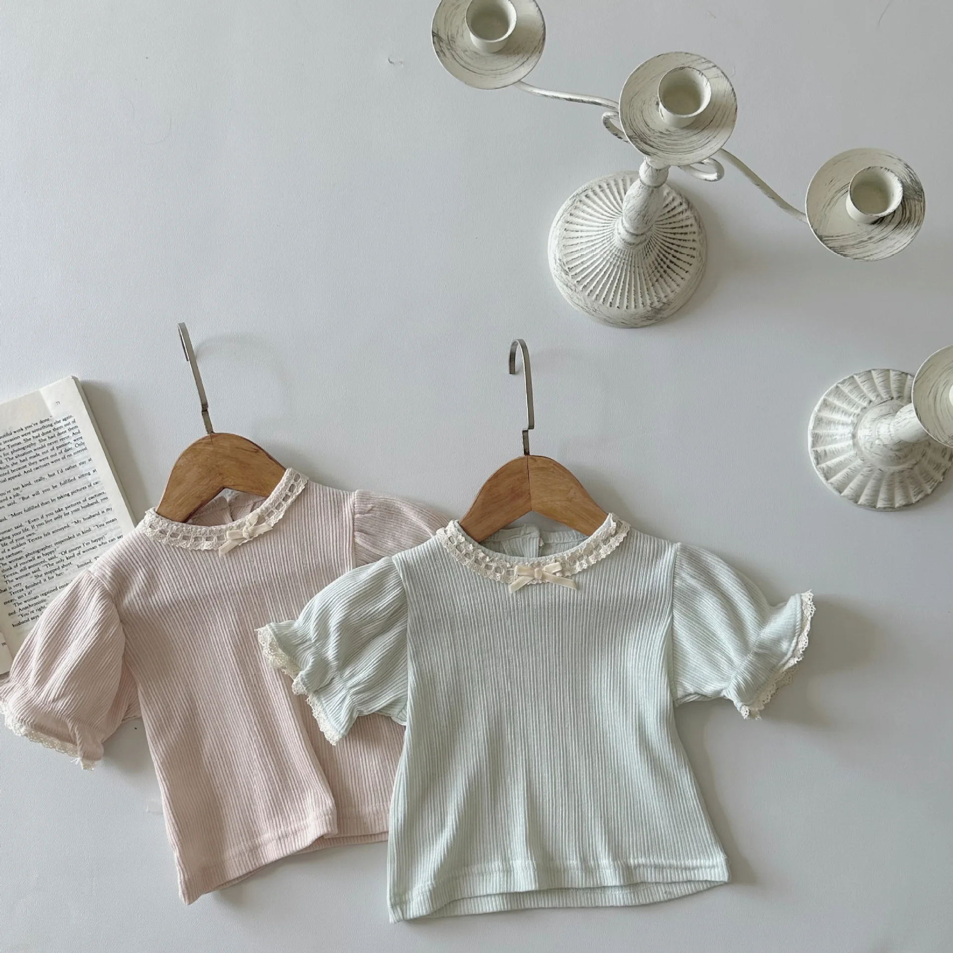 2024 Summer Newborn Infant Pit Striped Bow Lace Short Sleeve T-shirt Solid Girl Baby Sweet Princess Tops Cotton Kid Casual Tees