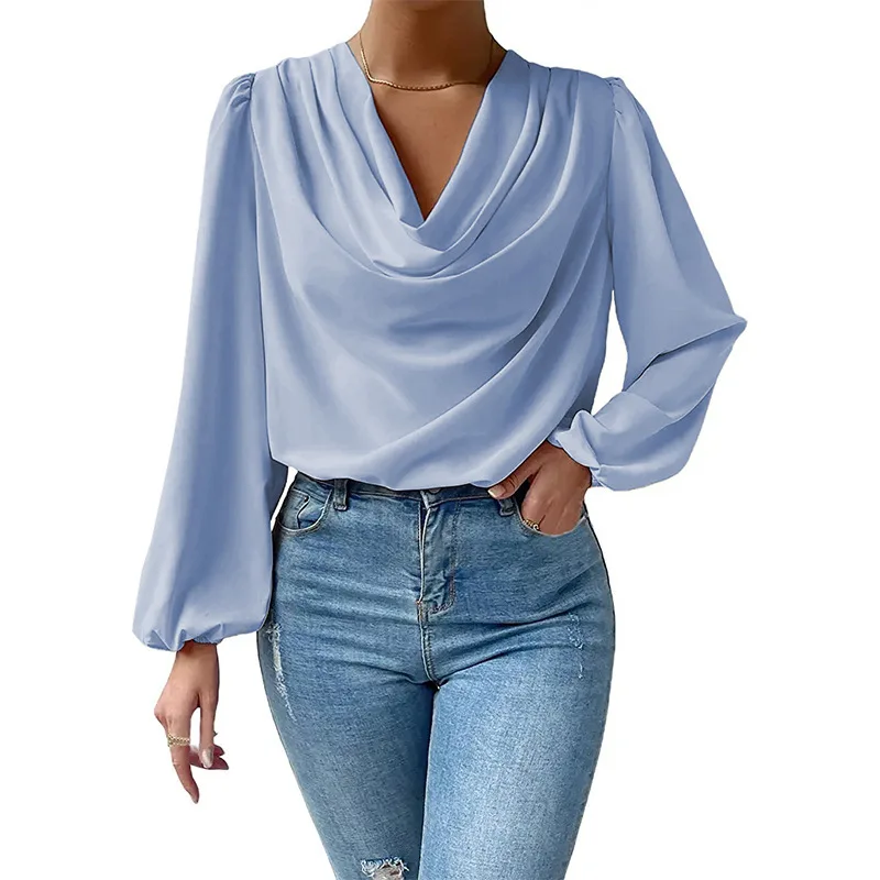 Elegant Women\'s Shirts Fashion Blouse 2023 Spring/Summer Chiffon Loose Draped V-Neck Top Office Lady Solid Shirt S-XXXL