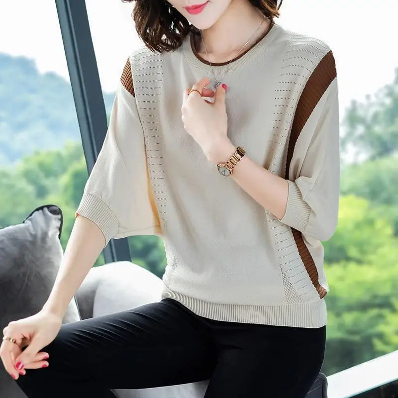 O-neck Solid T-shirts Women Casual Patchwork Half Sleeve Elasticity Tops Spring Autumn Knitting Elegant Retro Simple Clothing