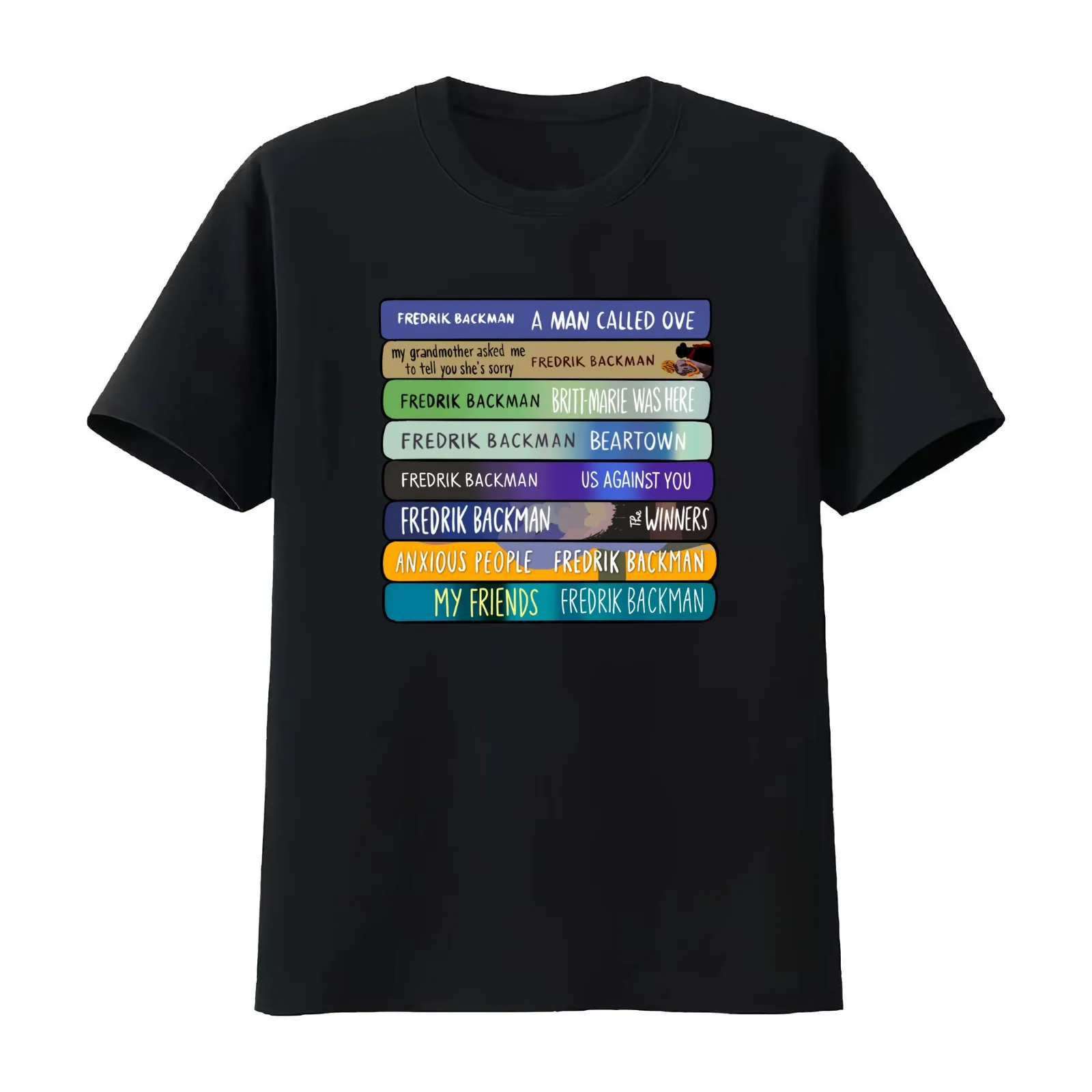 Fredrik Backman Book Stack – Hand-Drawn Spine Art for Readers T-Shirt Summer Casual Cotton Tee Oversized Streetwear Tops