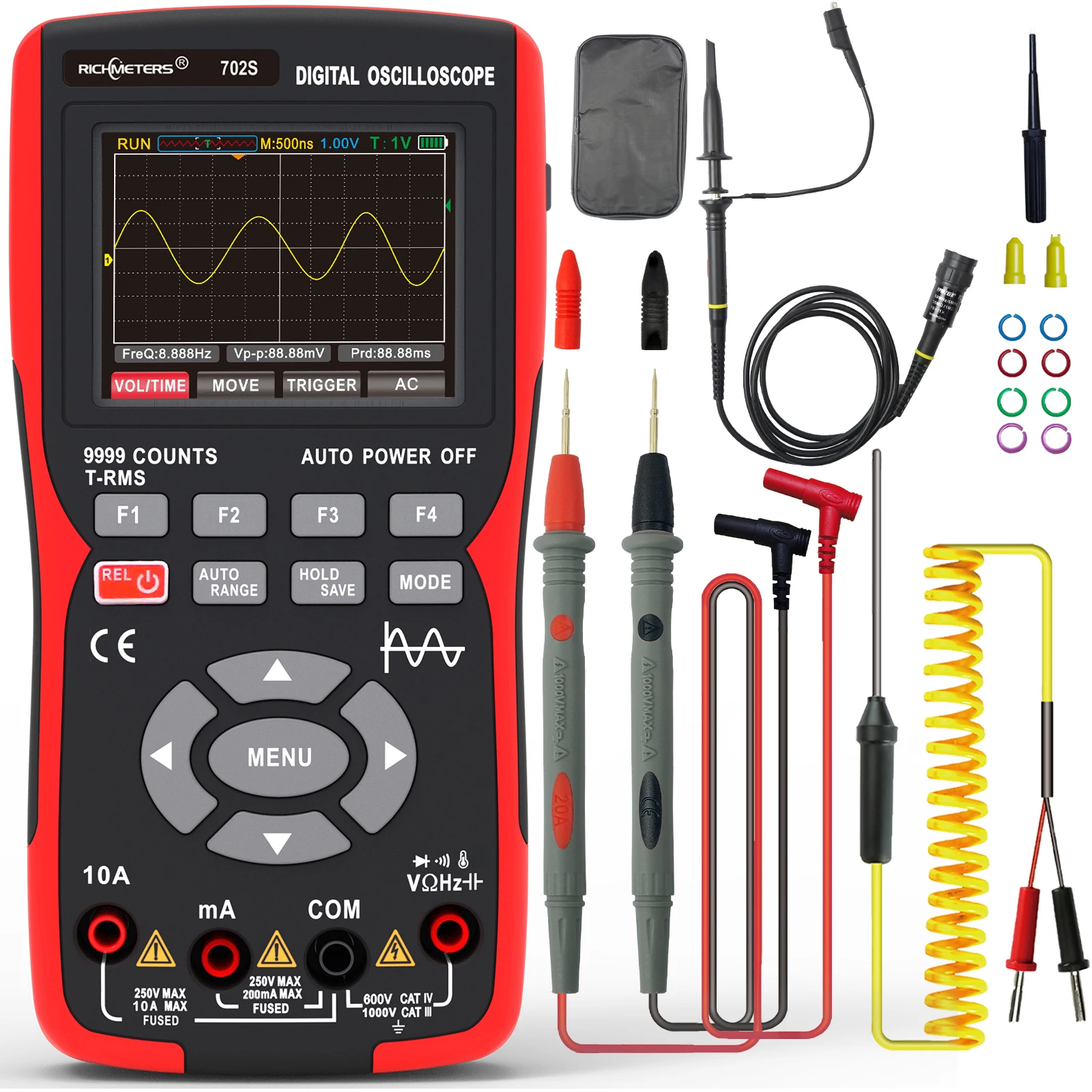 RICHMERERS ZT702S Digital Oscilloscope Multimeter 48MS/s 10MHz Wave Form Data Storage 9999 Counts True RMS Tranistor Multimetro